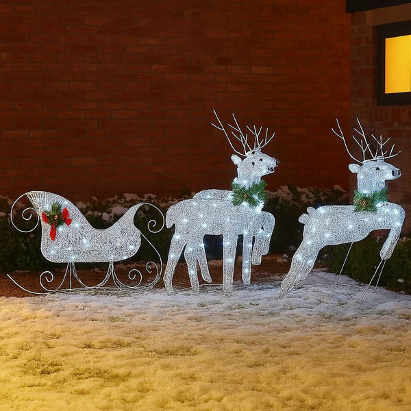Outdoor Christmas Reindeer and Sleigh Decoration, 60 Silver LED Lights -BM325803