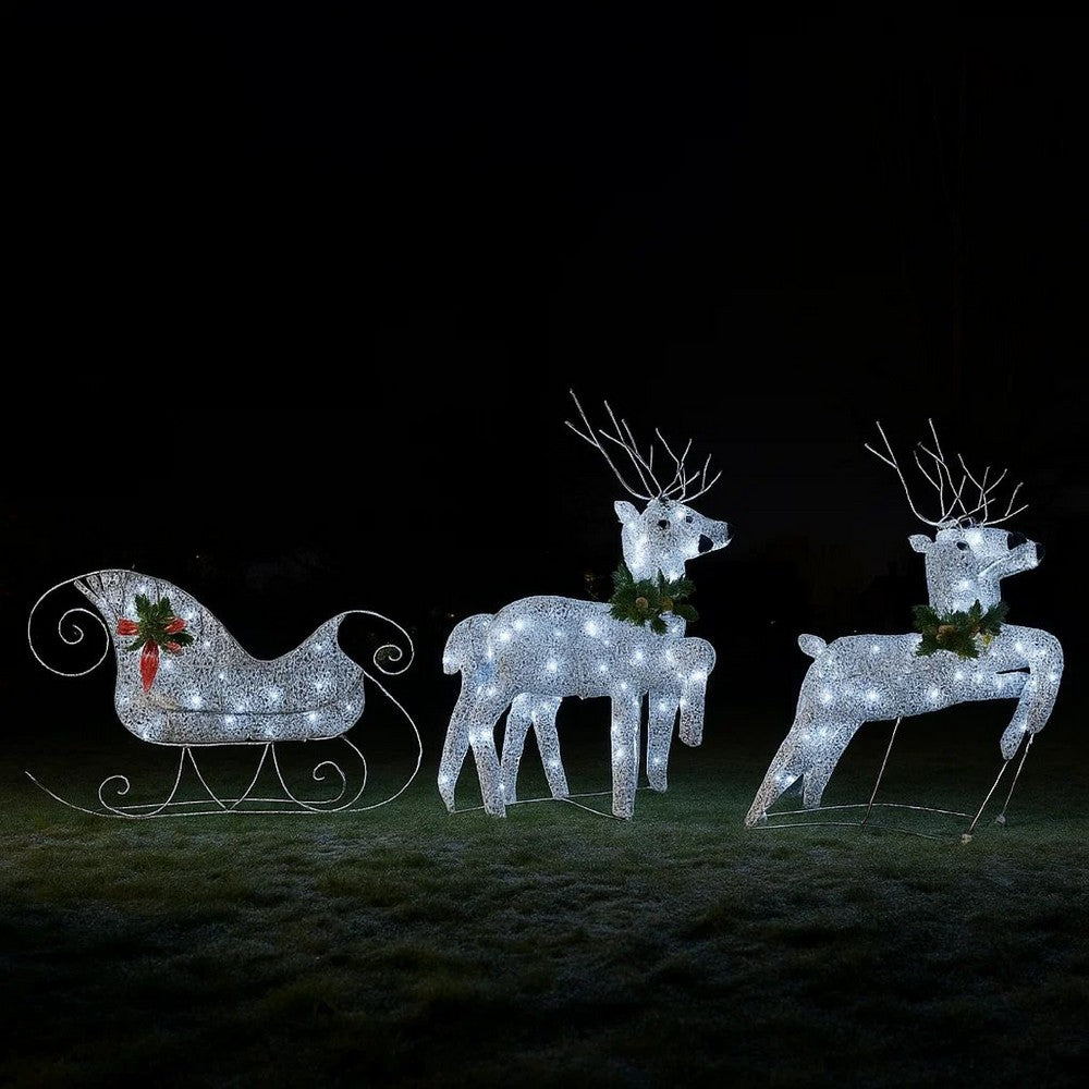 Outdoor Christmas Reindeer and Sleigh Decoration, 60 Silver LED Lights -BM325803