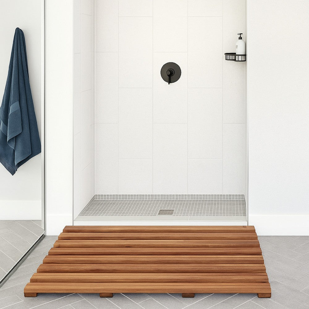 Bath Mats Set of 2, Brown Solid Acacia Wood, Slatted Design, 22x15  -BM325812