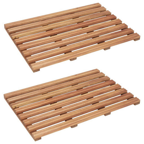 Bath Mats Set of 2, Brown Solid Acacia Wood, Slatted Design, 22x15 