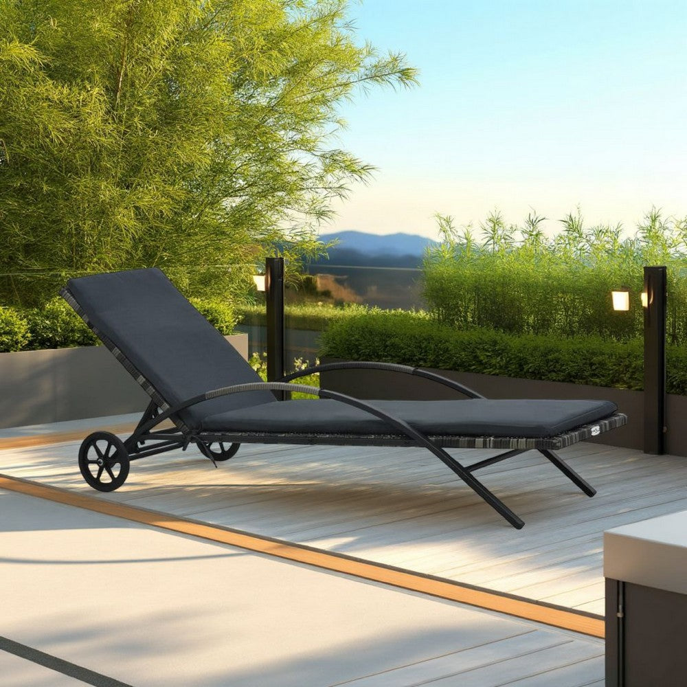 Sun Chaise Lounger with Cushion, 79 Inch, Wheels, Gray Poly Rattan -BM325818