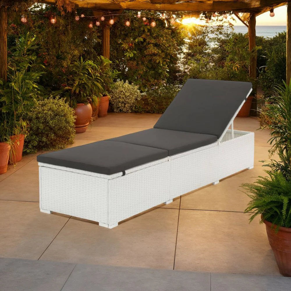 Nino Outdoor Chaise Lounger Sunbed, Black Cushion, White Poly Rattan -BM325824