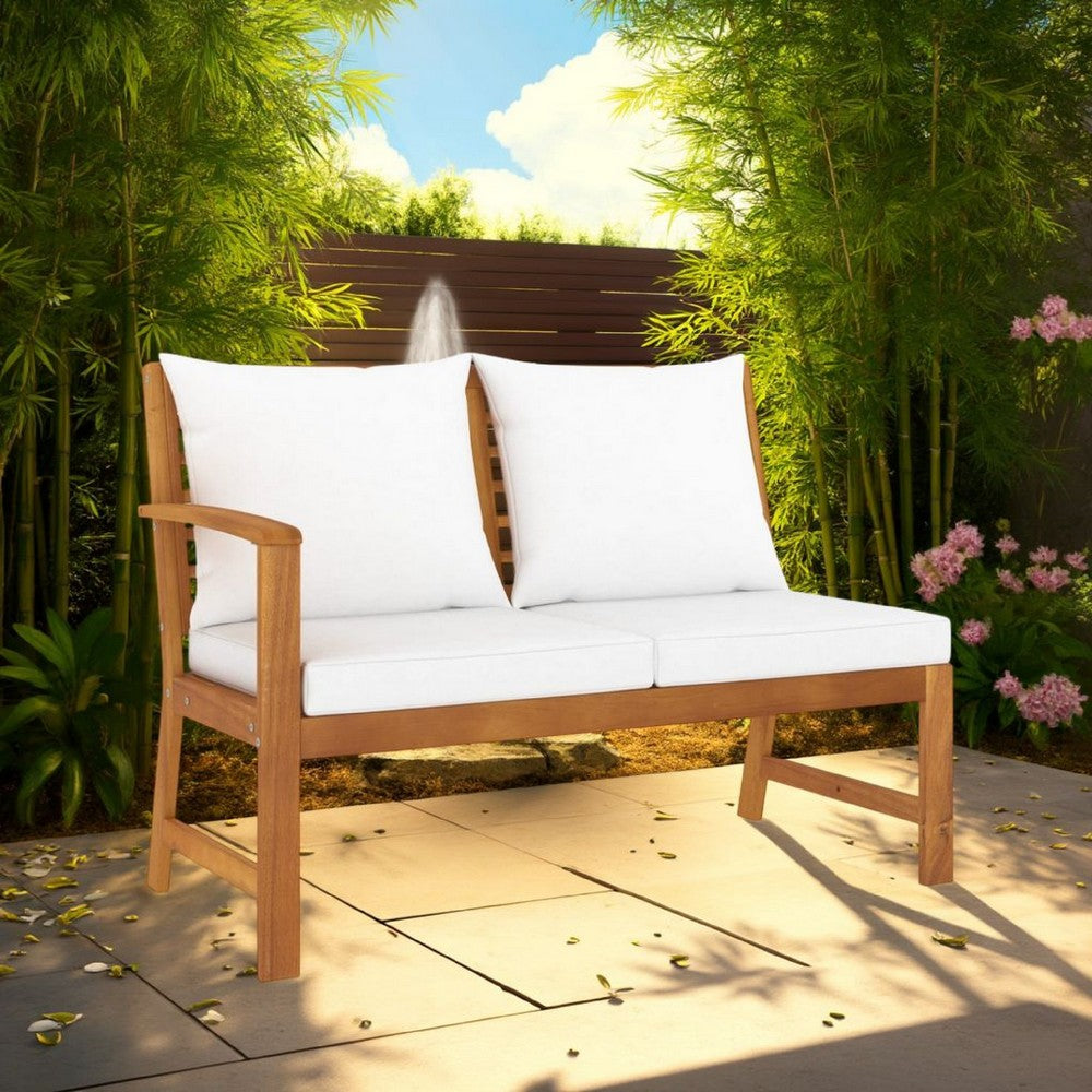 Patio Bench w White Cushions, Slatted Brown Solid Acacia Wood, 45 Inch -BM325826