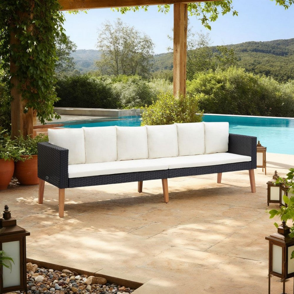3 Seater Outdoor Sofa with White Fabric Cushions, Black Rattan 86 Inch -BM325836