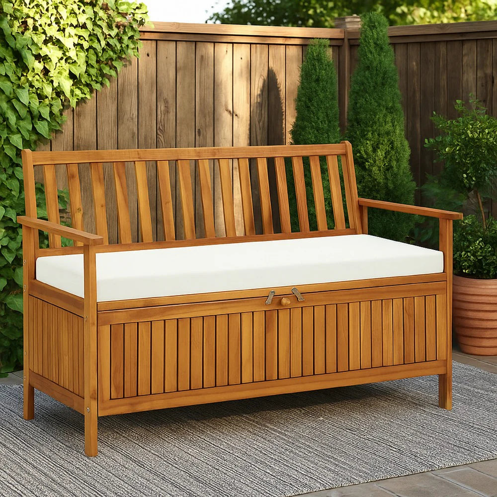 Reja Outdoor Storage Bench, 47 Inch Brown Solid Acacia Wood, White -BM325876