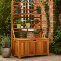 Outdoor Storage Box with Trellis n Shelves, 63 Inch, Brown Acacia Wood -BM325885