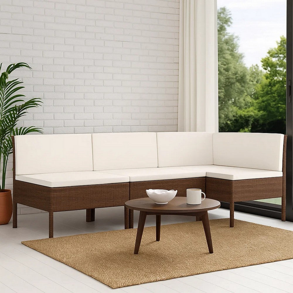 3pc Outdoor Modular Sofa Set, Cushions, Cream White, Brown Poly Rattan -BM325887