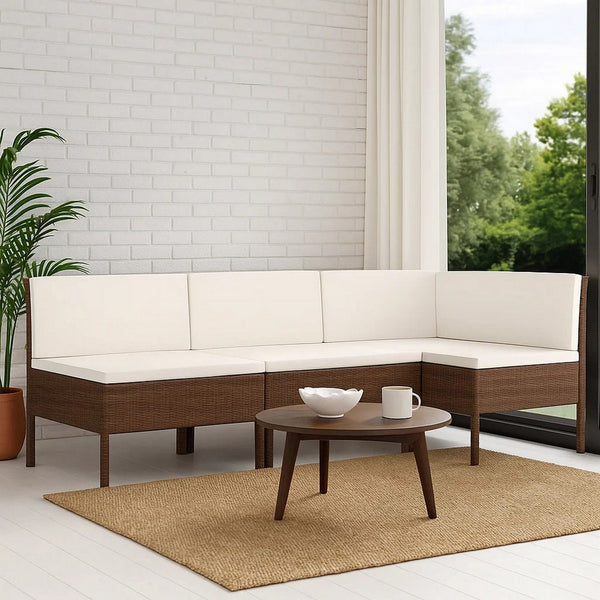 3pc Outdoor Modular Sofa Set, Cushions, Cream White, Brown Poly Rattan -BM325887