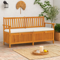 Outdoor Storage Bench, 58 Inch Brown Acacia Wood, Cream White Cushion -BM325895