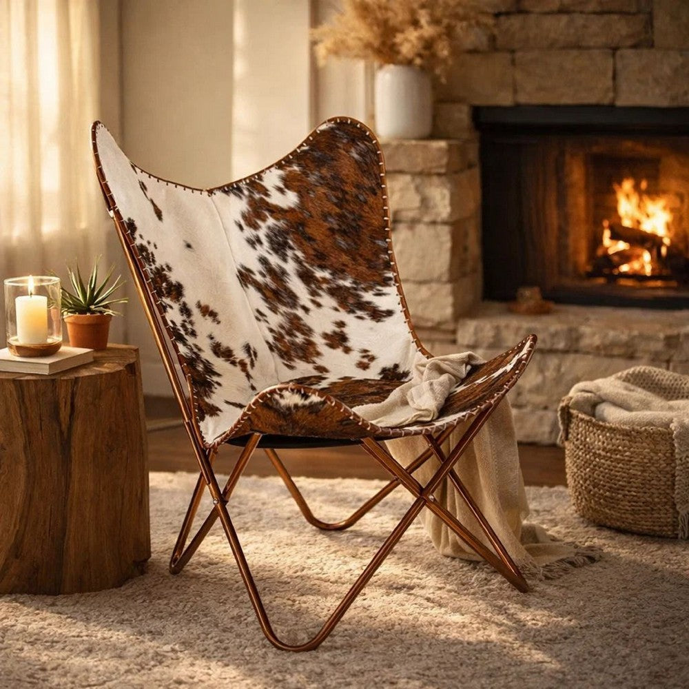 Srie Butterfly Chair, Steel Frame, Brown and White Cowhide Leather -BM325899