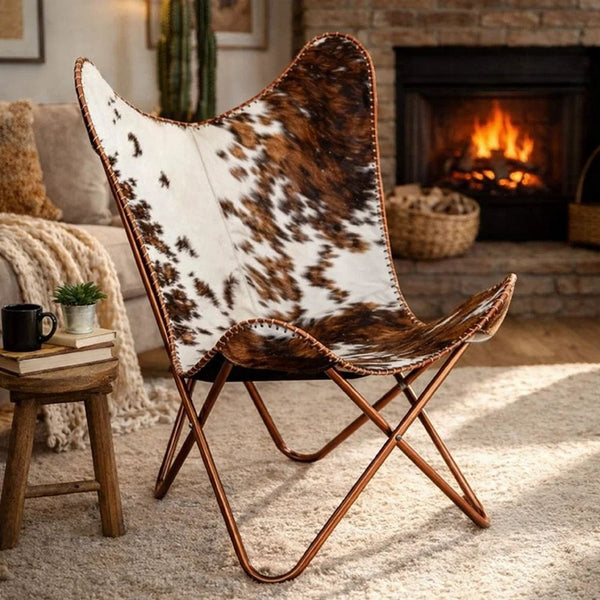Srie Butterfly Chair, Steel Frame, Brown and White Cowhide Leather -BM325899