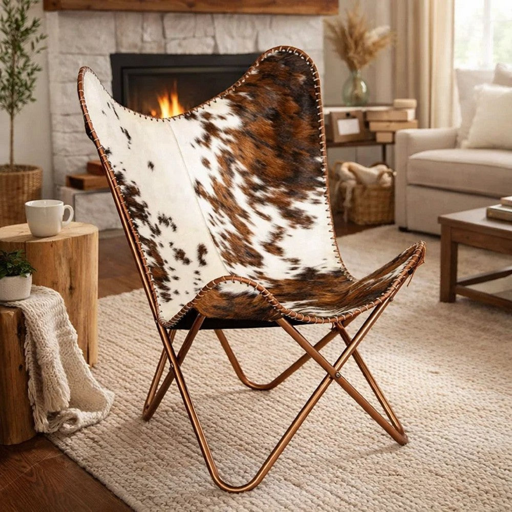 Srie Butterfly Chair, Steel Frame, Brown and White Cowhide Leather -BM325899