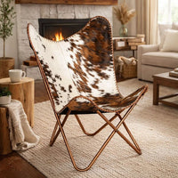 Srie Butterfly Chair, Steel Frame, Brown and White Cowhide Leather -BM325899