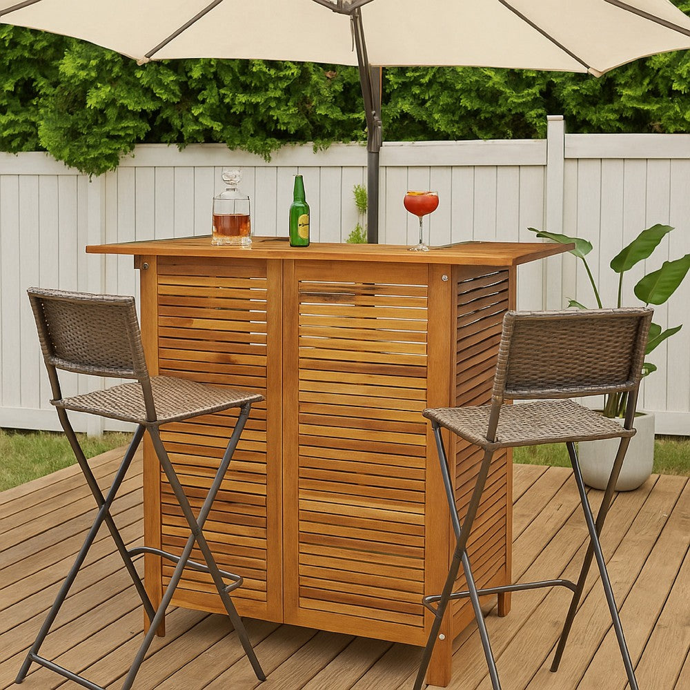 Outdoor Bar Counter Table w Shelves, 43 Inch Brown Solid Acacia Wood -BM325903