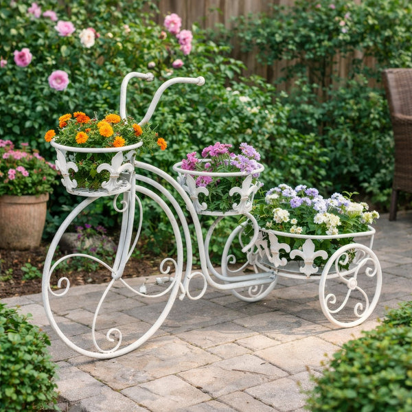 Outdoor Plant Stand, Tricycle Shape, Scrollwork, 30 Inch White Metal -BM325904