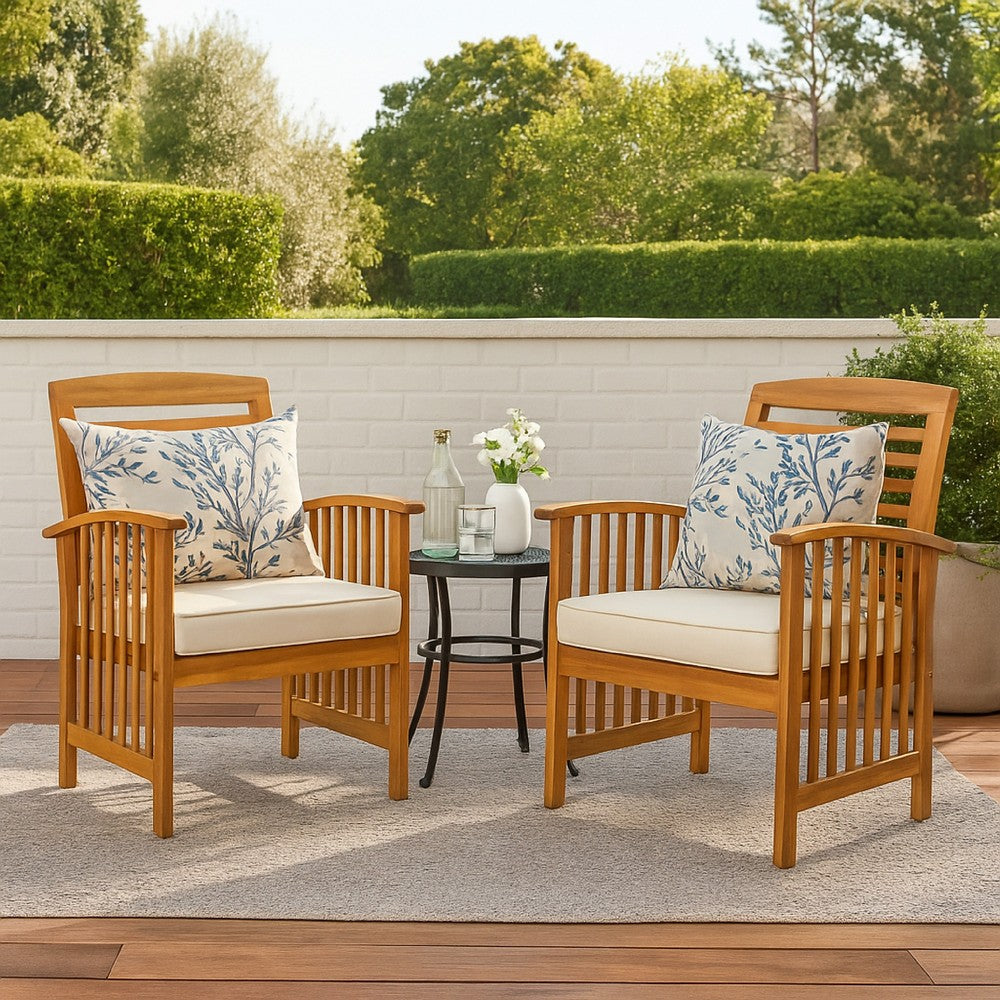 Outdoor Accent Chair Set of 2, Curved Arms, Slatted Brown Acacia Wood -BM325912