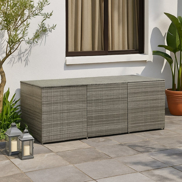 Outdoor Storage Box with Gas Lift, 71 Inch Rectangular, Gray Rattan -BM325921