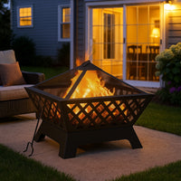 Outdoor Fire Pit with Poker n Mesh Cover, 25 Inch Square, Black Steel -BM325926