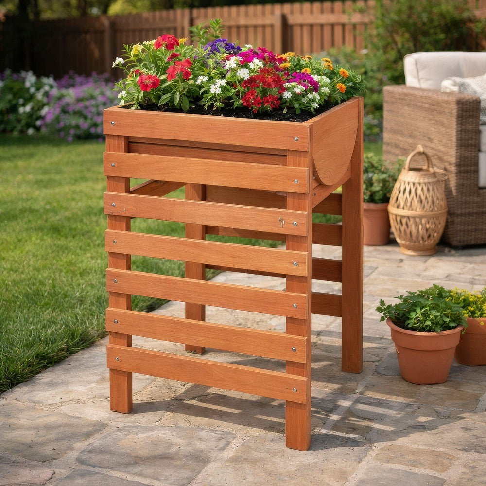 Outdoor Planter with Standing Slatted Design, Natural Brown Fir Wood -BM325927