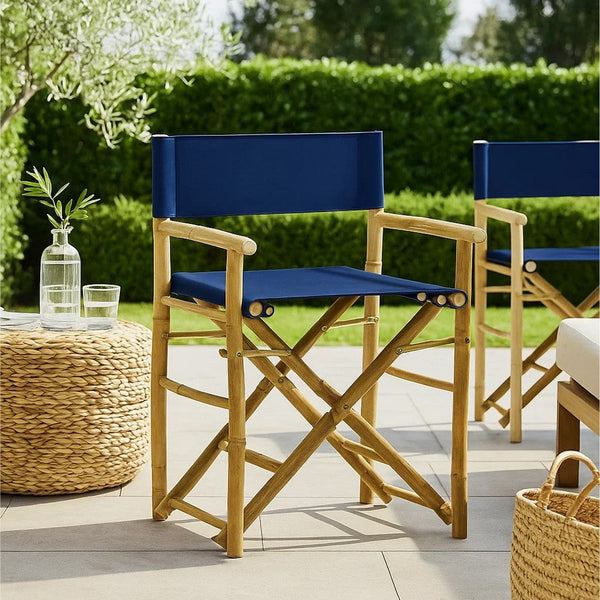 Foldable Directors Chair Set of 2, Accent Bamboo Frame, Blue Polyester -BM325931