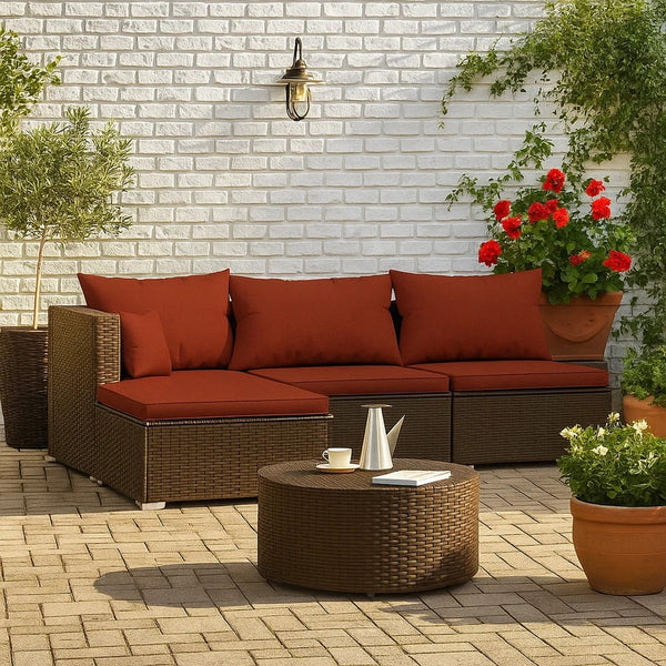 Faye 4pc Outdoor Modular Sofa Set, Brown Poly Rattan and Red Polyester -BM325934