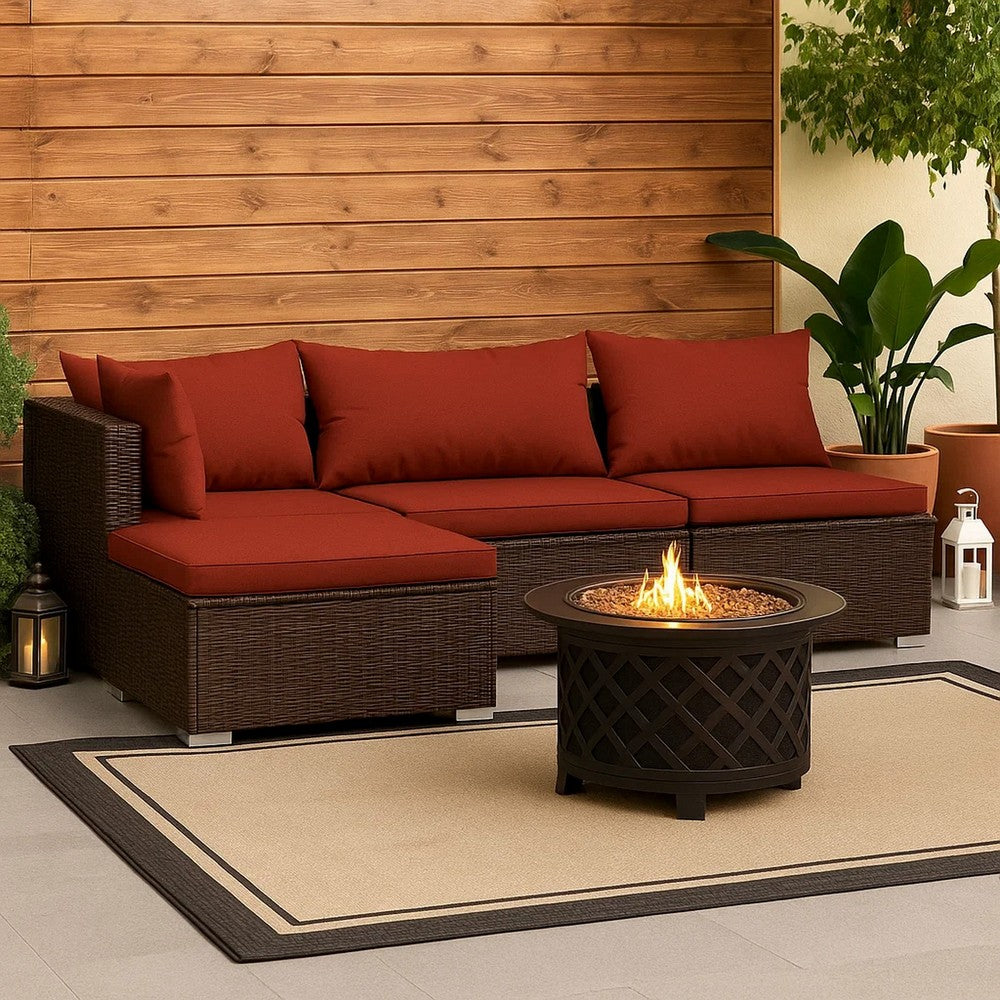 Faye 4pc Outdoor Modular Sofa Set, Brown Poly Rattan and Red Polyester -BM325934