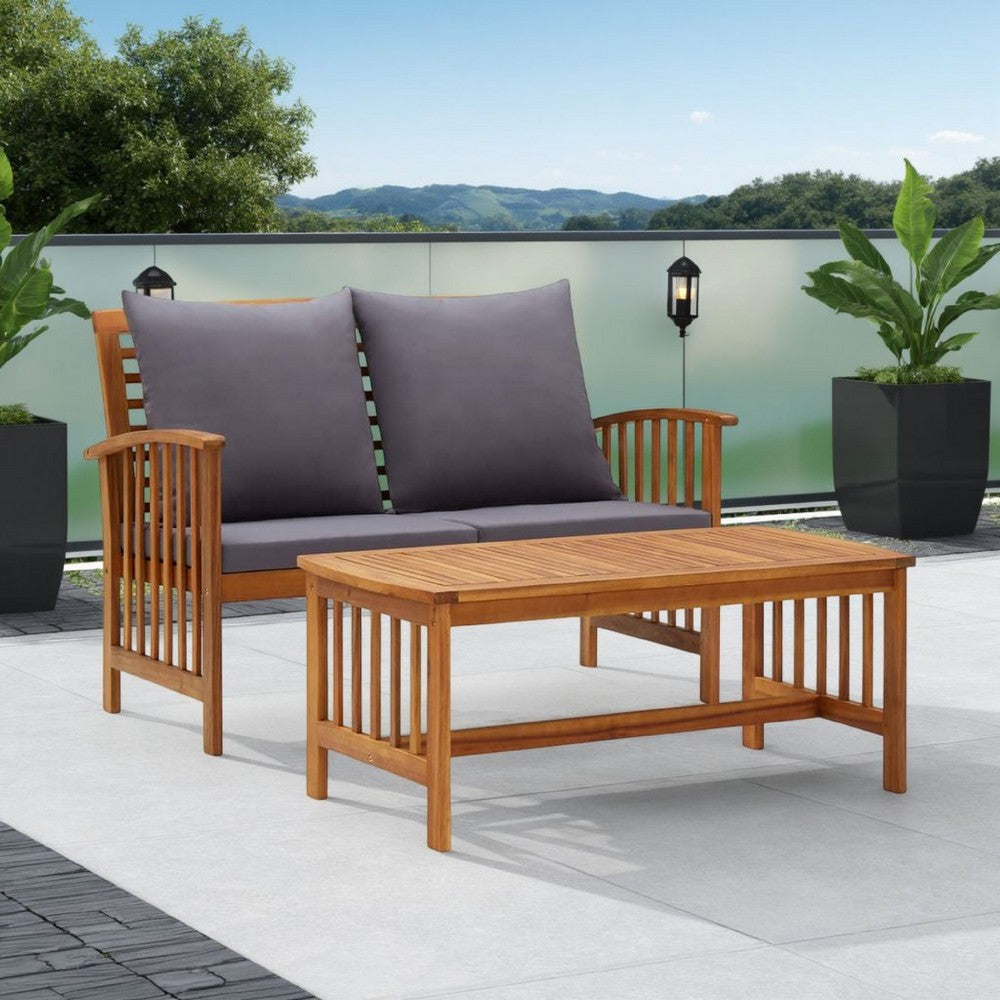 Mia 2pc Loveseat Sofa and Coffee Table Set, Slatted Acacia Wood, Gray -BM325947