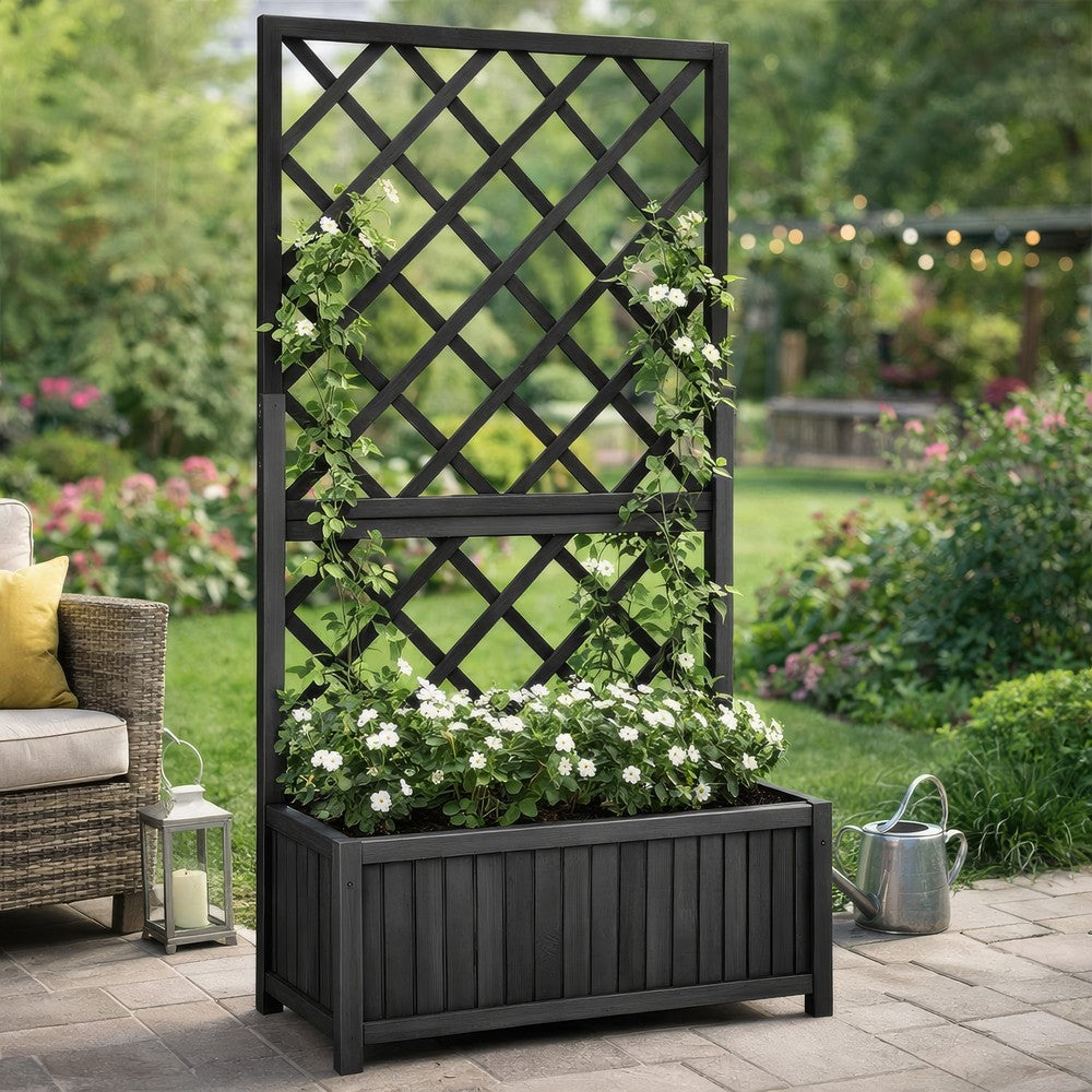 Madie Outdoor Garden Planter, Trellis Design, 53 Inch Black Fir Wood -BM325955