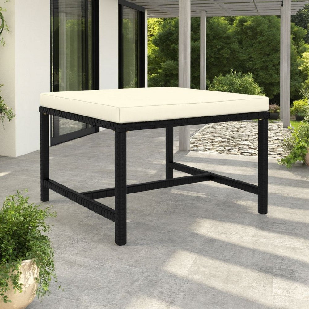 Reno Outdoor Sectional Footrest Ottoman, Black Rattan, Ivory Polyester -BM325957