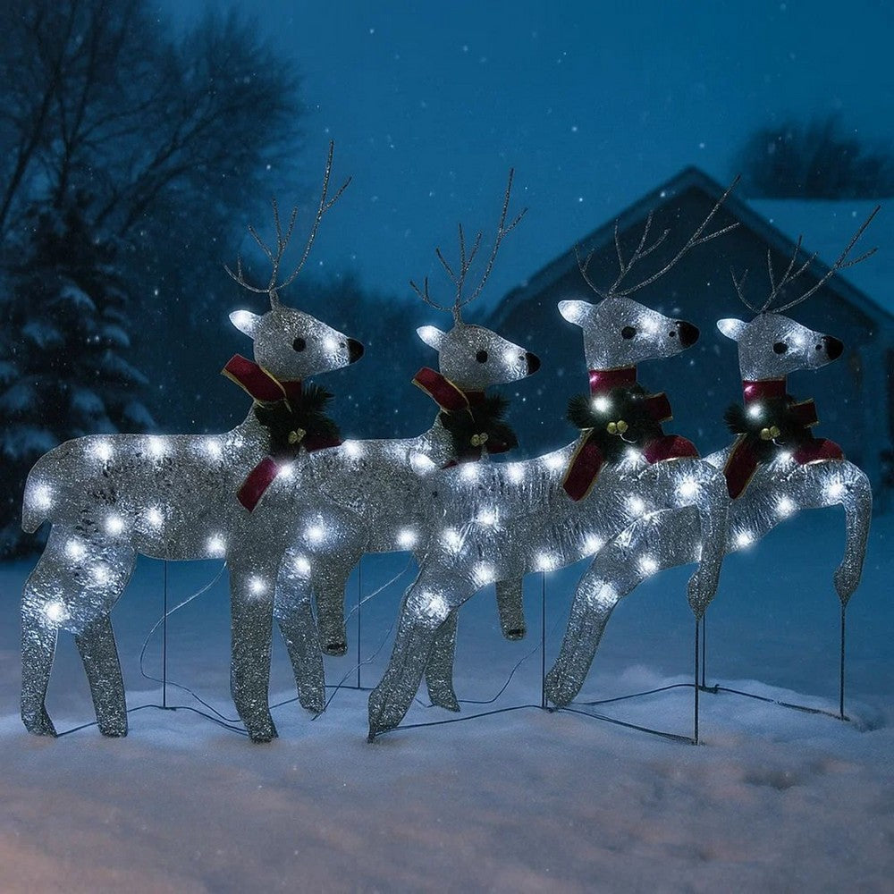 Outdoor 4 Reindeer Christmas Decor, 80 Cool White LEDs, Silver Metal -BM325960