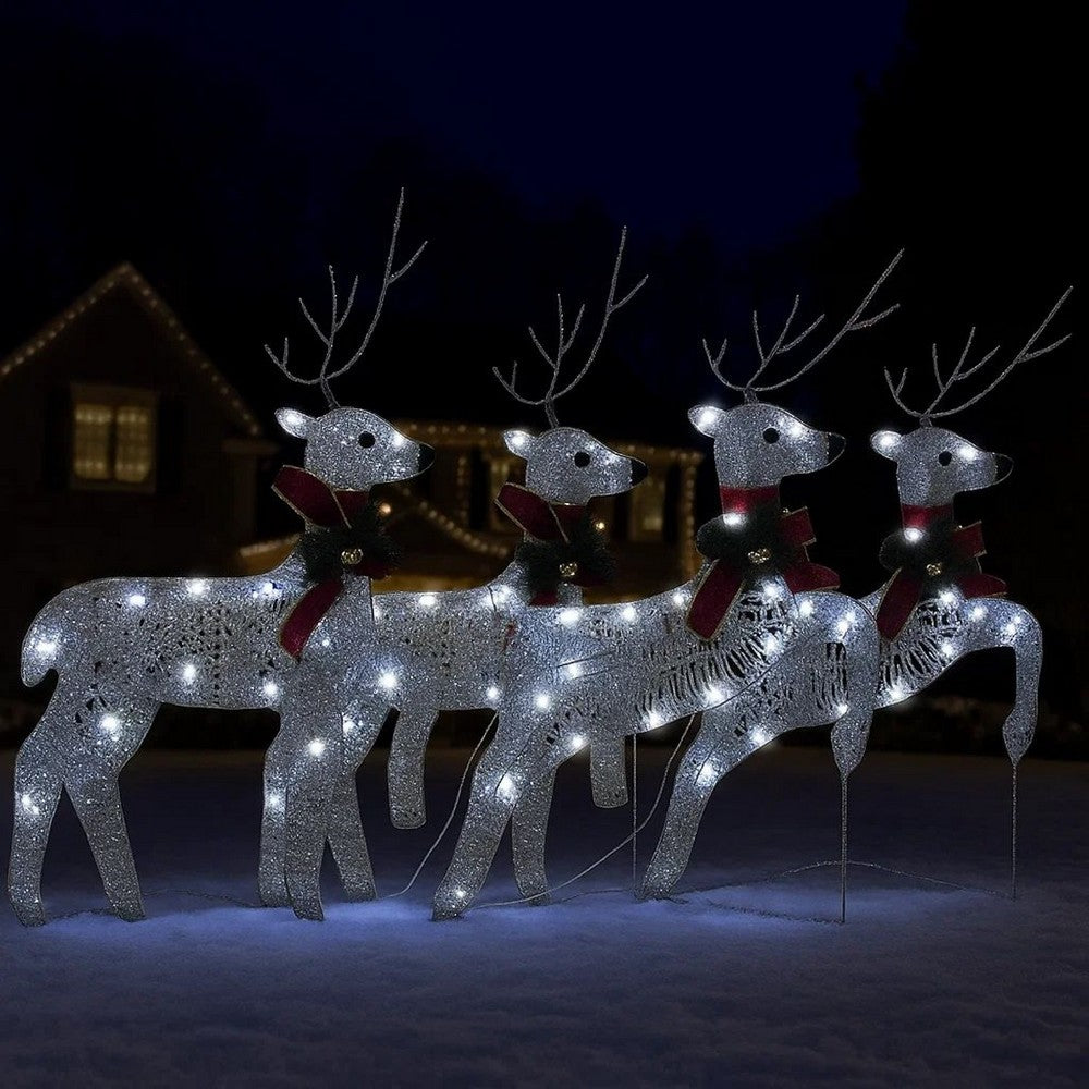 Outdoor 4 Reindeer Christmas Decor, 80 Cool White LEDs, Silver Metal -BM325960