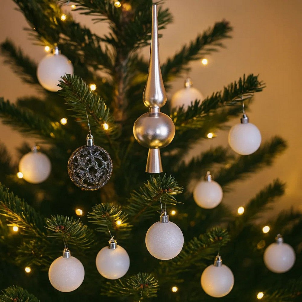 61pc Christmas Ornament Set w Topper, LED String Lights, White Silver -BM325966