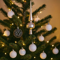 61pc Christmas Ornament Set w Topper, LED String Lights, White Silver -BM325966