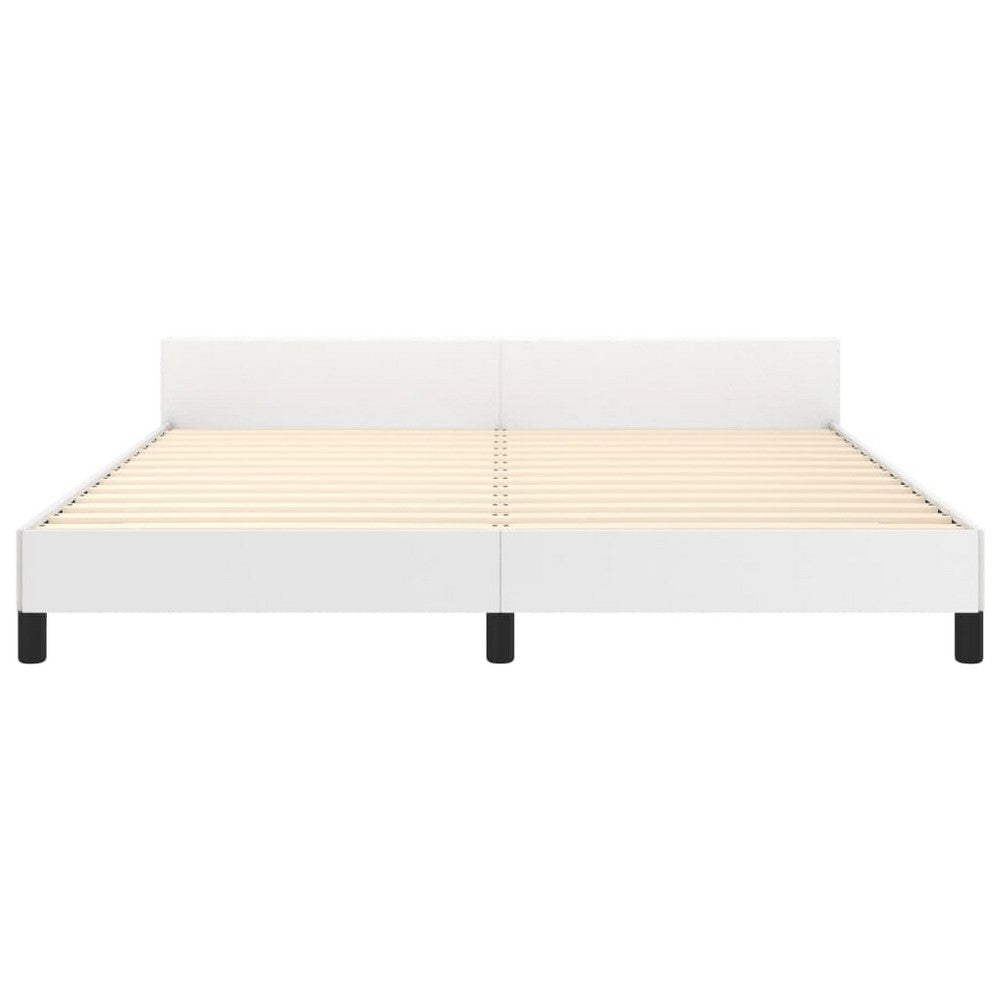 Queen Size Bed, White Faux Leather Upholstered Headboard, Wood Slats -BM325967