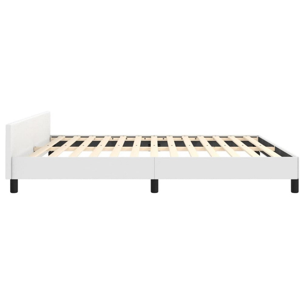 Queen Size Bed, White Faux Leather Upholstered Headboard, Wood Slats -BM325967