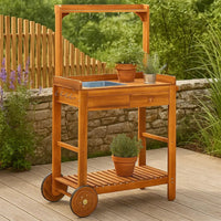 Outdoor Rolling Garden Cart on Wheels, Multi Purpose w Tray, Brown -BM325969