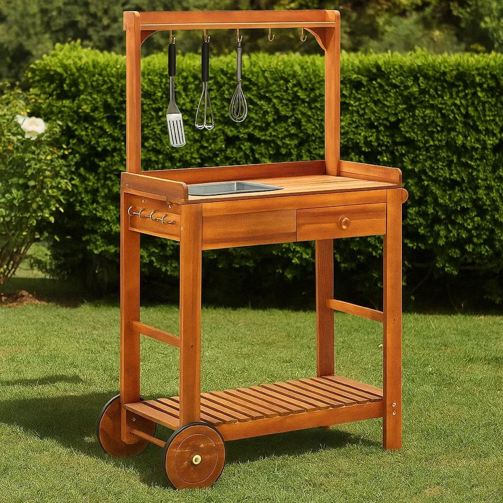 Outdoor Rolling Garden Cart on Wheels, Multi Purpose w Tray, Brown -BM325969
