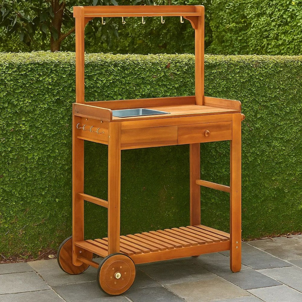 Outdoor Rolling Garden Cart on Wheels, Multi Purpose w Tray, Brown -BM325969
