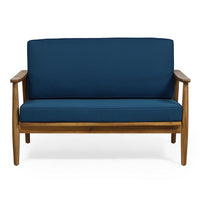 2pc Outdoor Loveseat and Table Set, Teal Cushions, Brown Wood Frame -BM325972