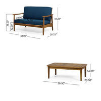 2pc Outdoor Loveseat and Table Set, Teal Cushions, Brown Wood Frame -BM325972