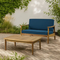 2pc Outdoor Loveseat and Table Set, Teal Cushions, Brown Wood Frame -BM325972