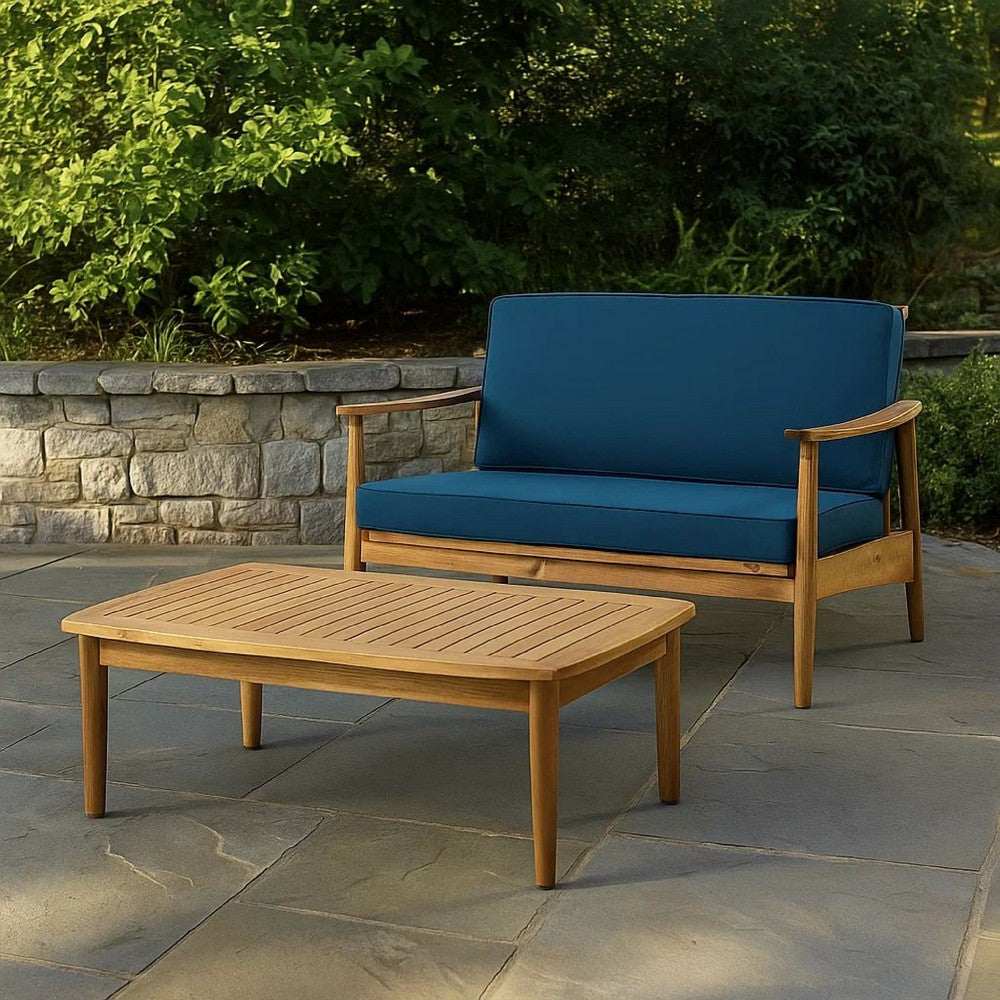 2pc Outdoor Loveseat and Table Set, Teal Cushions, Brown Wood Frame -BM325972