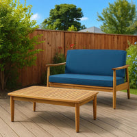 2pc Outdoor Loveseat and Table Set, Teal Cushions, Brown Wood Frame -BM325972