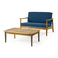 2pc Outdoor Loveseat and Table Set, Teal Cushions, Brown Wood Frame -BM325972