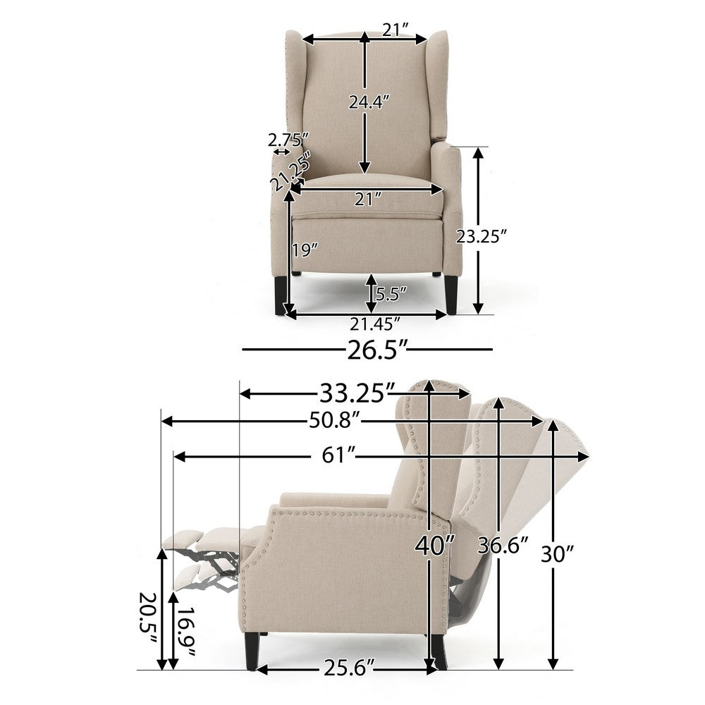 Nora Manual Recliner Lounge Chair, Wingback, Nailhead Trim, Beige -BM325973