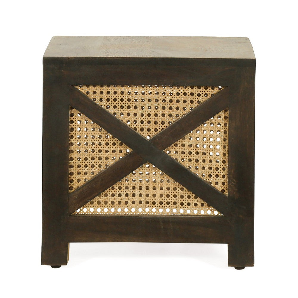 Accent Ottoman Table, 16 Inch Square, Boho Style, Cane Wicker -BM325979