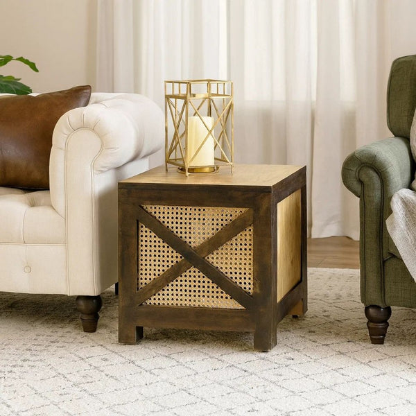 Accent Ottoman Table, 16 Inch Square, Boho Style, Cane Wicker -BM325979