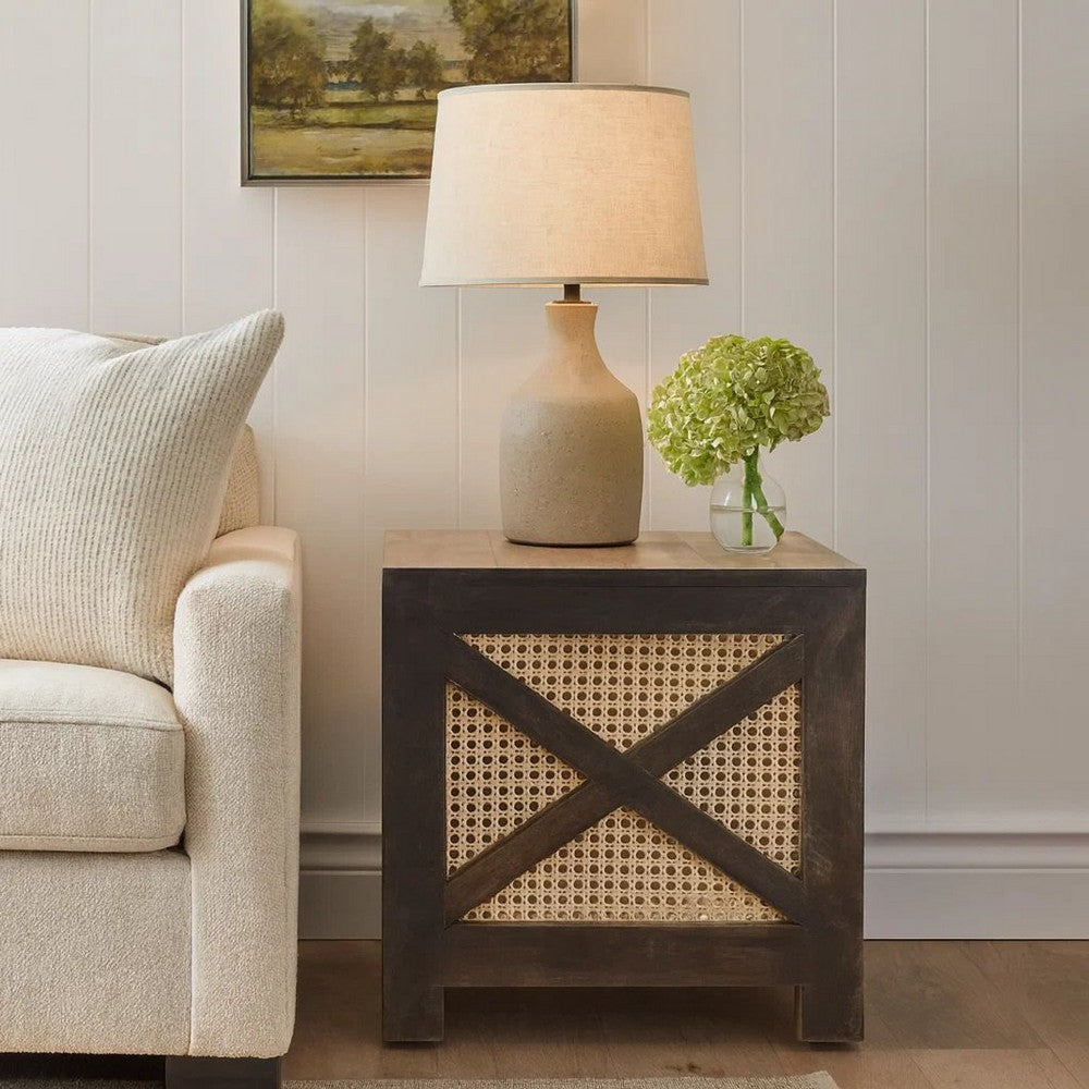 Accent Ottoman Table, 16 Inch Square, Boho Style, Cane Wicker -BM325979
