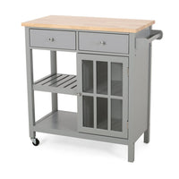 Rolling Kitchen Island Bar Cart, 1 Glass Door, Gray n Natural Brown -BM325981