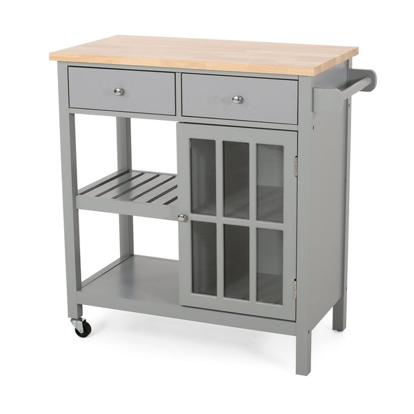 Rolling Kitchen Island Bar Cart, 1 Glass Door, Gray n Natural Brown -BM325981